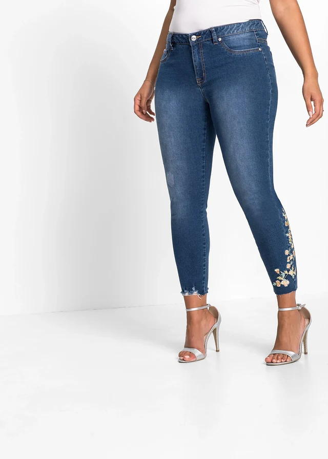 Jean skinny taille mi-haute, cropped, Couleur: bleu denim floral