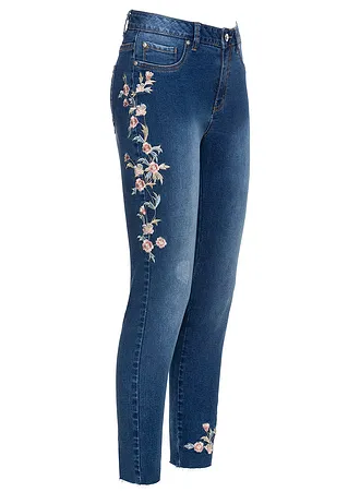 Skinny jeans mid waist, cropped • blauw denim gebloemd • bonprix online shop