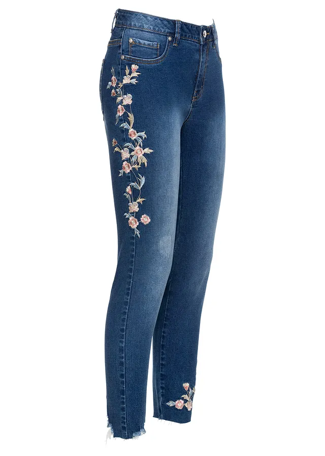 Skinny jeans mid waist, kort • blauw denim gebloemd • bonprix online shop