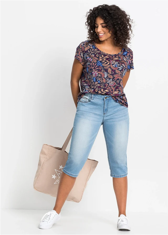 T-shirt coton imprimé, manches courtes, Couleur: bleu foncé imprimé