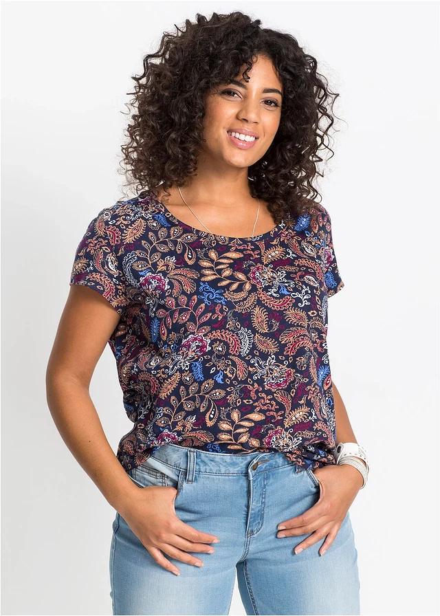T-shirt coton imprimé, manches courtes, Couleur: bleu foncé imprimé