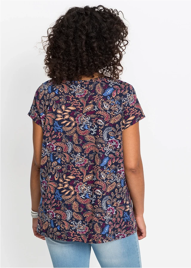T-shirt coton imprimé, manches courtes, Couleur: bleu foncé imprimé