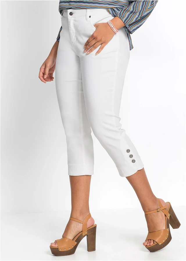 Slim fit mid waist jeans, cropped, Kleur: wit twill