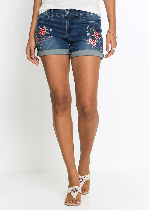 Short en jean brodé, Couleur: bleu à fleurs