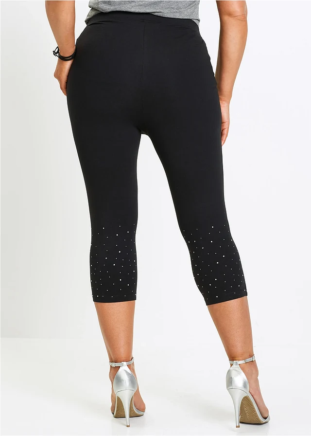 Legging 3/4 en coton extensible, Couleur: noir-argenté