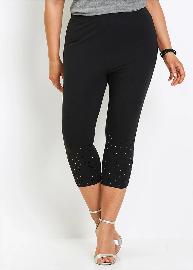 Legging 3/4 en coton extensible, Couleur: noir-argenté