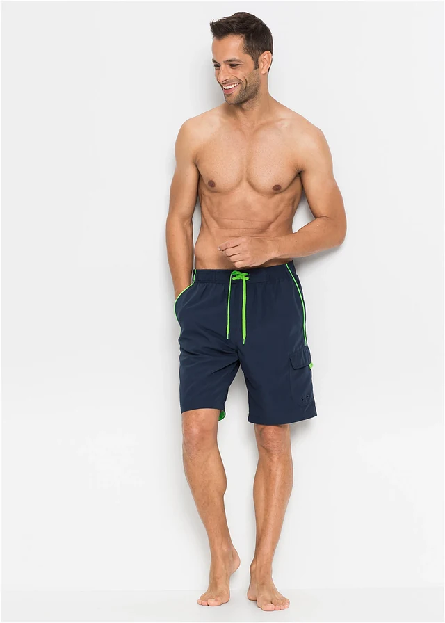 Zwemshort met zijzak, Kleur: donkerblauw - neongroen