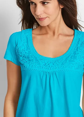 Bavlněné tričko s krajkou, krátký rukáv • karibsky modrá • bonprix obchod