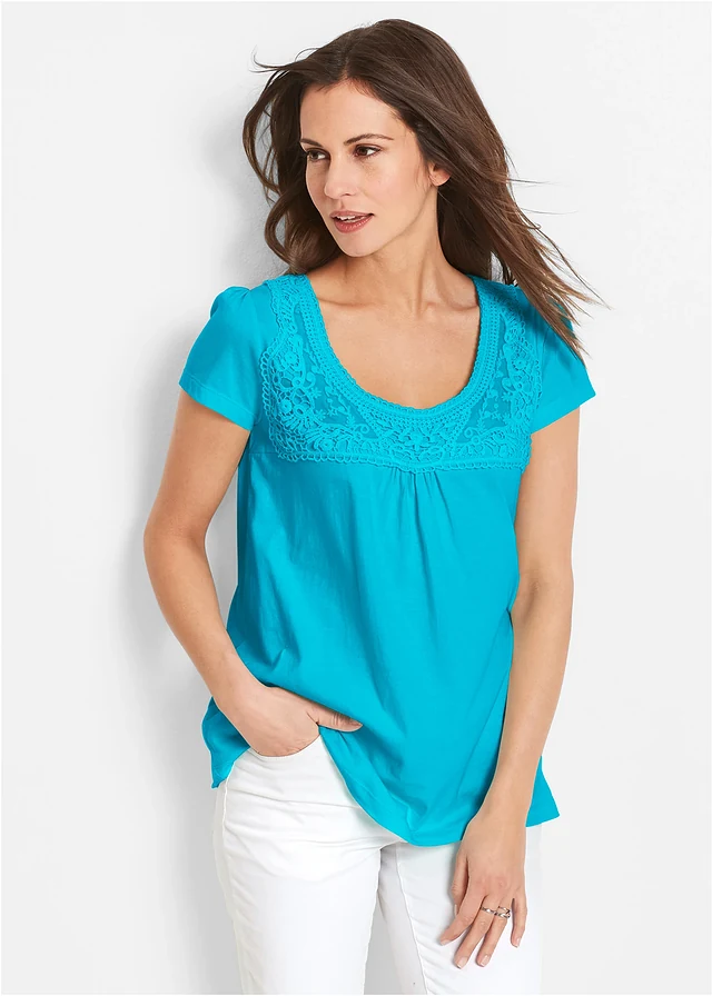 T-shirt coton et dentelle, manches courtes • bleu caraïbes • product-page.page-title-suffix