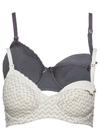 Kojicí podprsenka (2 ks v balení), organická bavlna • ecru-šedá s potiskem + antracitová • bonprix obchod