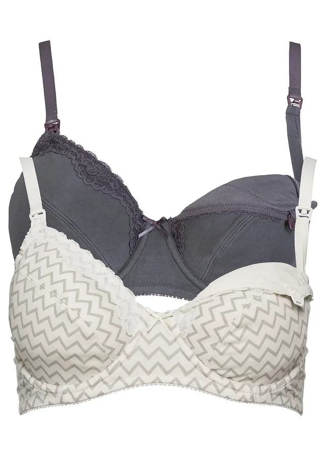 Kojicí podprsenka (2 ks v balení), organická bavlna • ecru-šedá s potiskem + antracitová • bonprix obchod