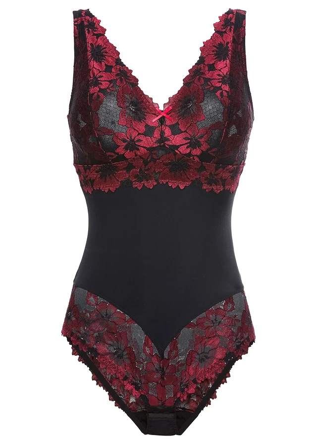 Body van gebloemd kant zonder beugels, Kleur: zwart-donkerrood