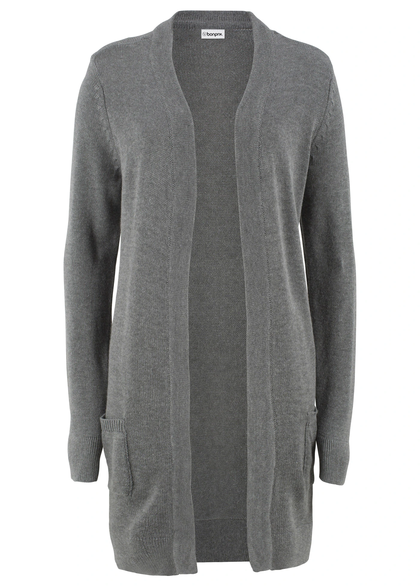 Dlouhý pletený kabátek, dlouhý rukáv • šedý melír • bonprix obchod