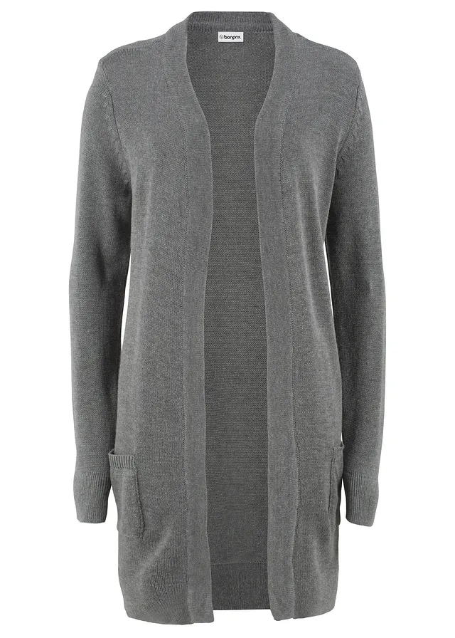 Dlouhý pletený kabátek, dlouhý rukáv • šedý melír • bonprix obchod