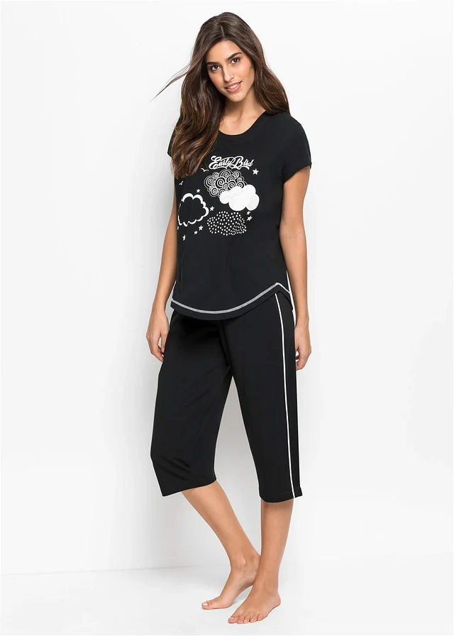 Capri pyjama van biologisch katoen, Kleur: zwart/wit