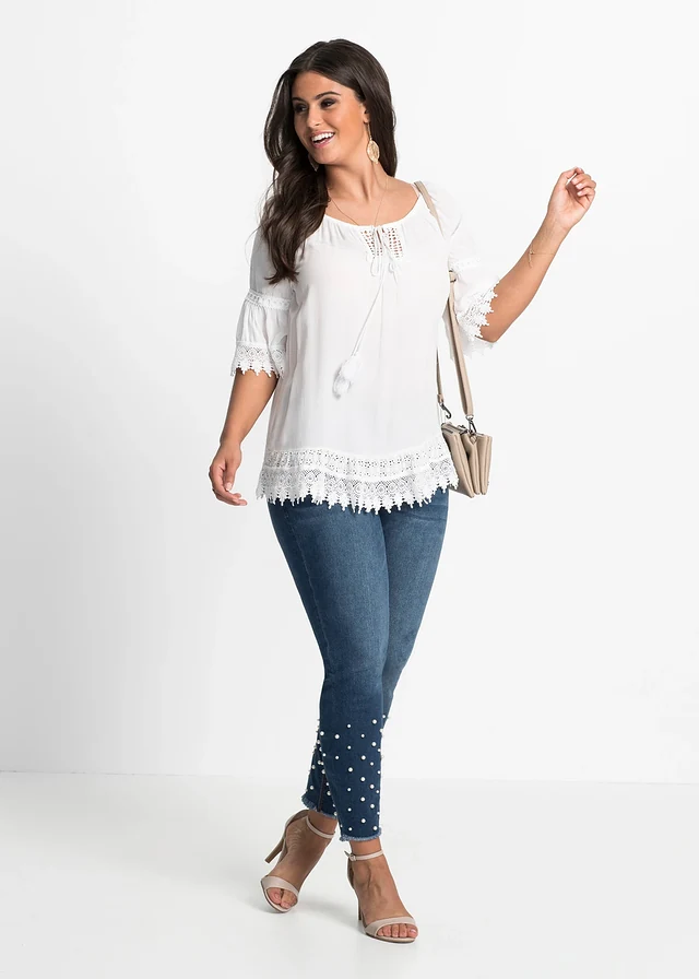 Tunique à dentelle en viscose douce, Couleur: blanc