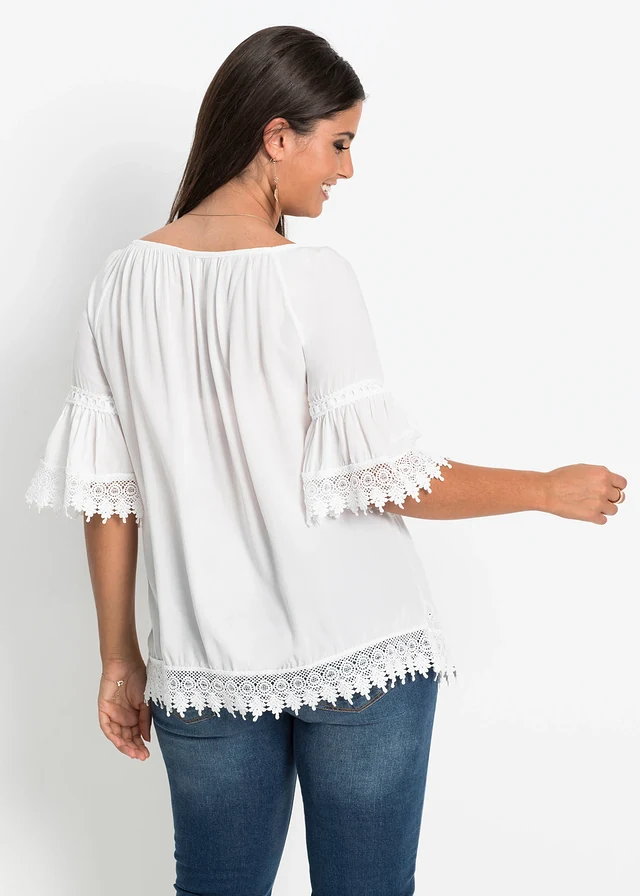 Tunique à dentelle en viscose douce, Couleur: blanc