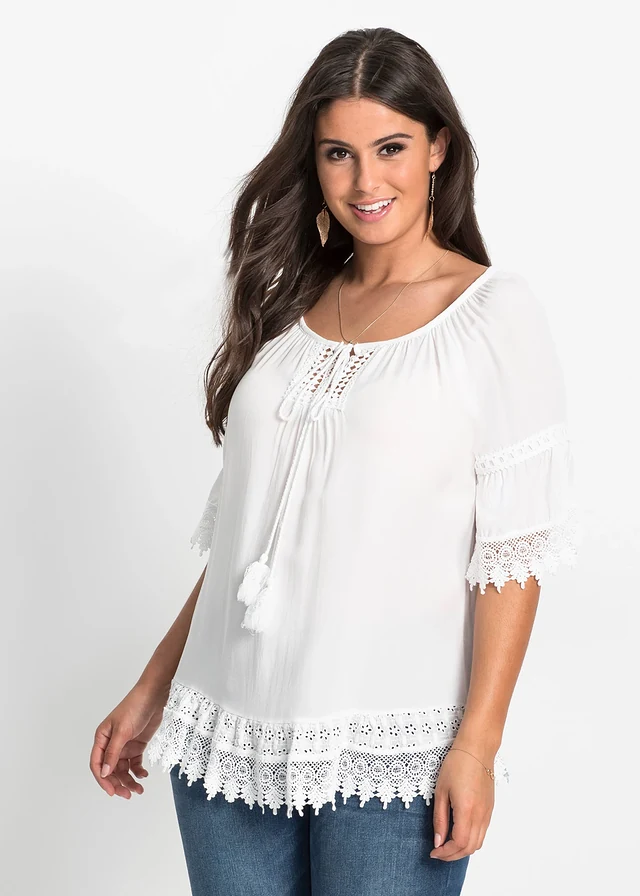 Tunique à dentelle en viscose douce, Couleur: blanc