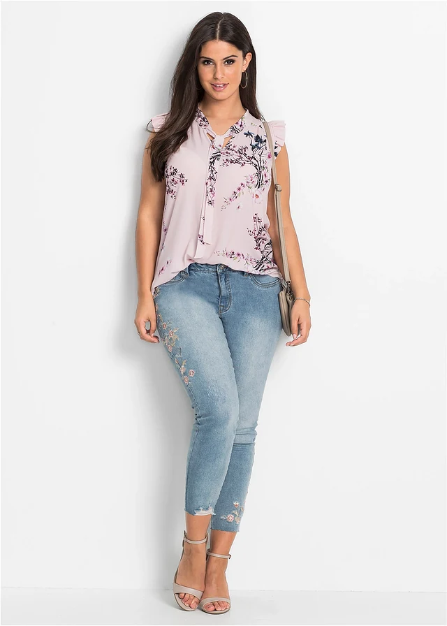 Blouse à lavallière et mancherons volantés, Couleur: rose floral
