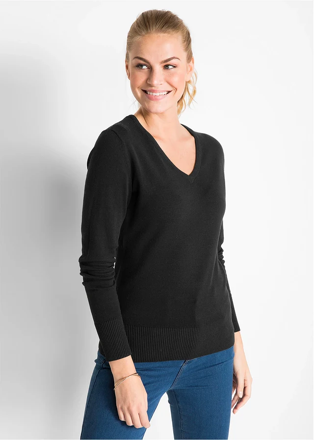 Fijngebreide trui met V-hals, Kleur: zwart