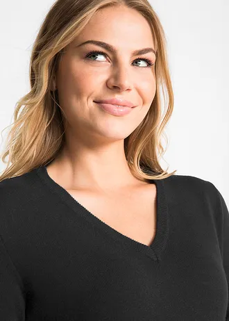 Finim kötésű alap hosszú pulóver V-nyakkivágással • fekete • bonprix áruház