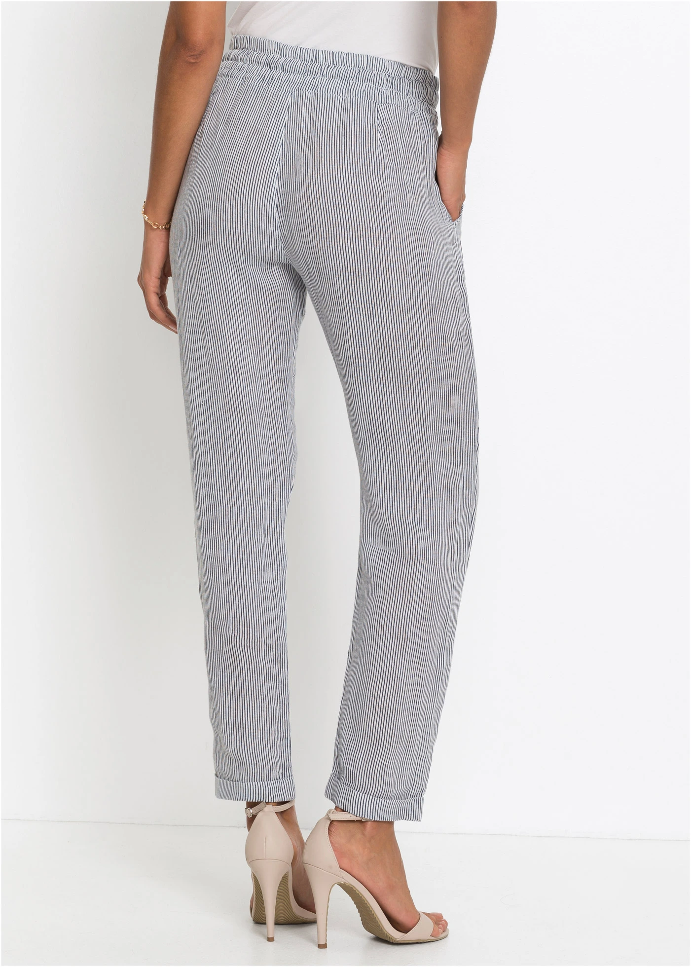 Linnen broek met elastische band • blauw-wit gestreept • bonprix online shop