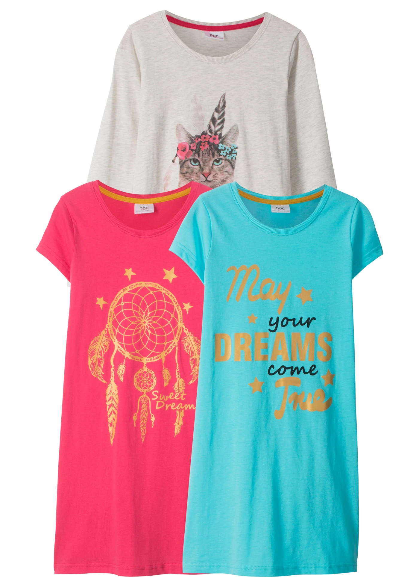 Nachthemd met zacht katoen (set van 3) • aqua-ecru gemêleerd-hibiscuspink • bonprix online shop