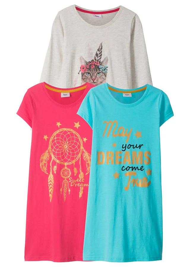 Lot de 3 chemises de nuit en coton doux • bleu ciel-naturel chiné-rose hibiscus • Boutique bonprix