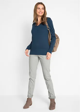 Fijngebreide trui met V-hals, Kleur: donkerblauw