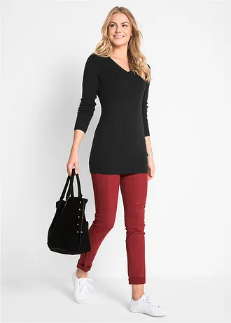 Lange basic trui met V-hals, Kleur: zwart