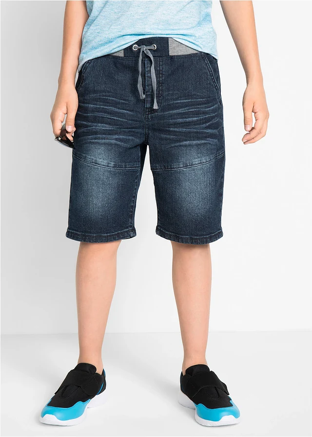 Bermuda en jean extensible à taille élastiquée, Regular, Couleur: bleu foncé denim