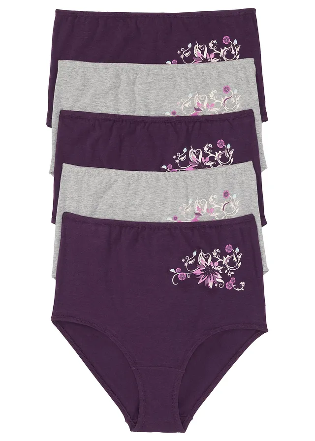 Chilot cu talie înaltă din bumbac moale (set/5 buc.) • mov închis + gri deschis melanj • magazin bonprix