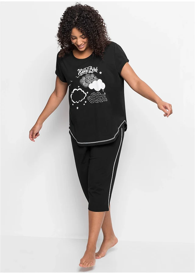 Pyjama corsaire 100% coton, Couleur: noir / blanc