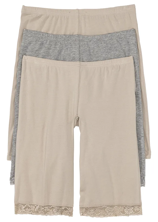 Dlouhé dámské boxerky s krajkou  (3 ks v balení) • křídově béžová + světle šedý melír • bonprix obchod