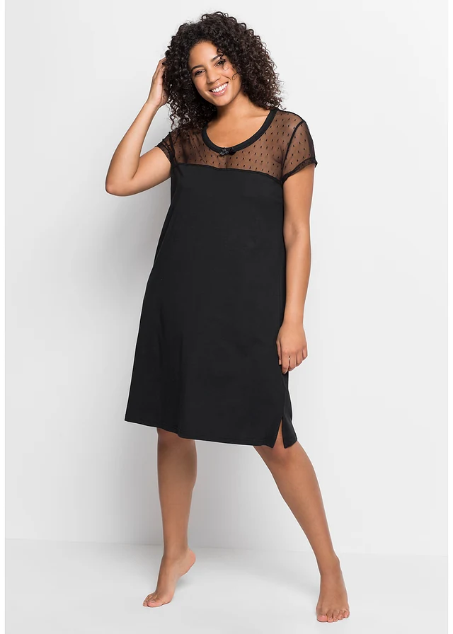 Chemise de nuit courte en coton, Couleur: noir