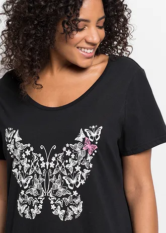 Kort nachthemd met biologisch katoen, Kleur: zwart met print