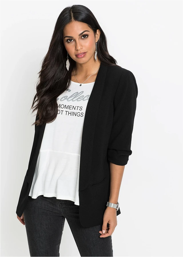 Blazer long à manches drapées, Couleur: noir