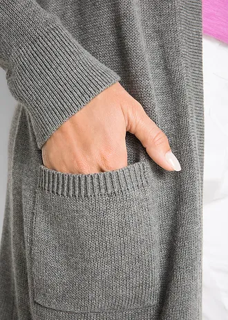 Dlouhý pletený kabátek, dlouhý rukáv • šedý melír • bonprix obchod