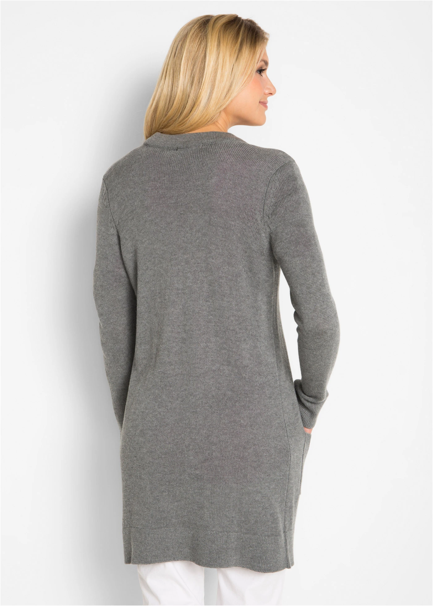 Dlouhý pletený kabátek, dlouhý rukáv • šedý melír • bonprix obchod