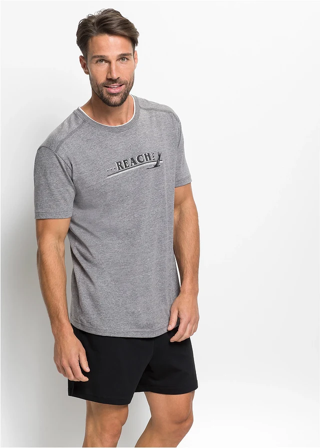 Pijama cu pantaloni scurți cu bumbac moale, culoare: gri melanj/negru