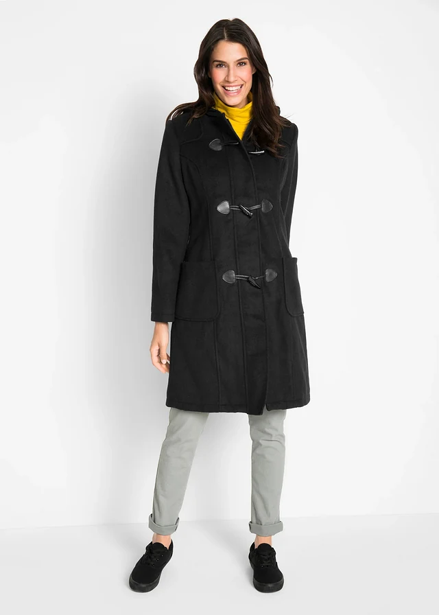 Duffelcoat in wollook, Kleur: zwart