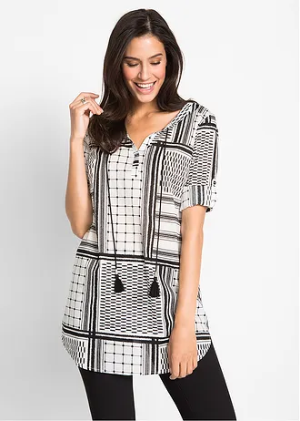 Tunică lungă, 100% din bumbac • negru/alb cu model • magazin bonprix