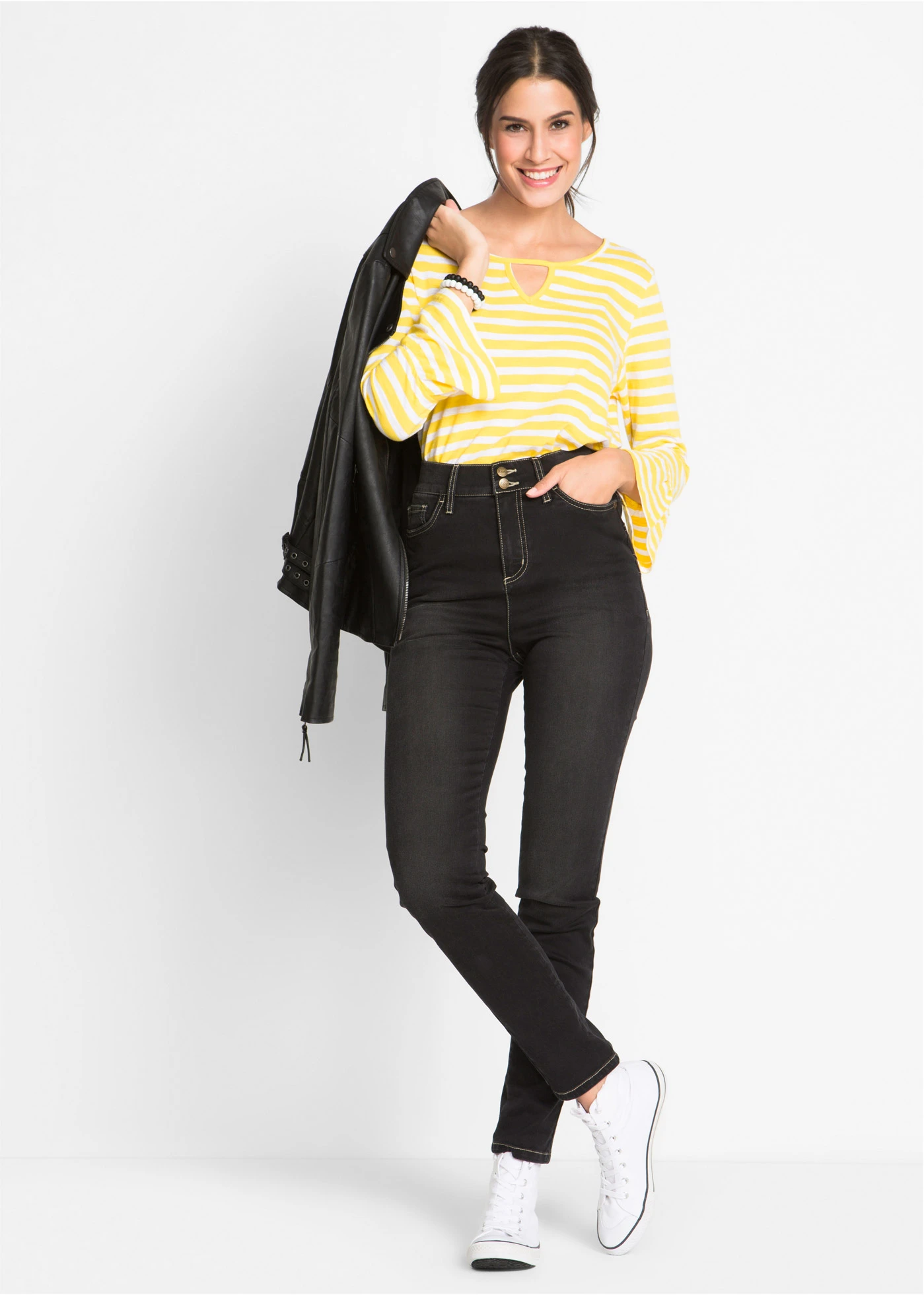 Jean slim taille haute, super extensible • noir denim used • Boutique bonprix