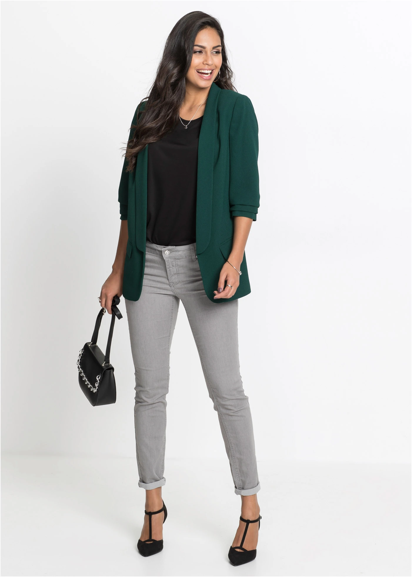 Blazer long à manches drapées • vert profond • Boutique bonprix