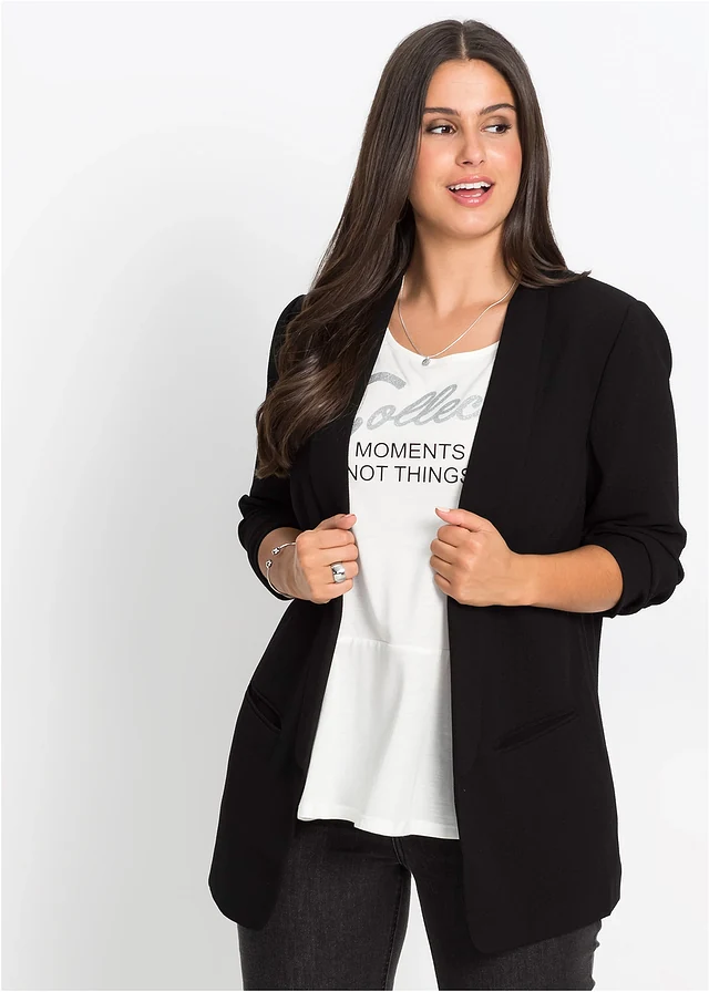 Blazer long à manches drapées, Couleur: noir