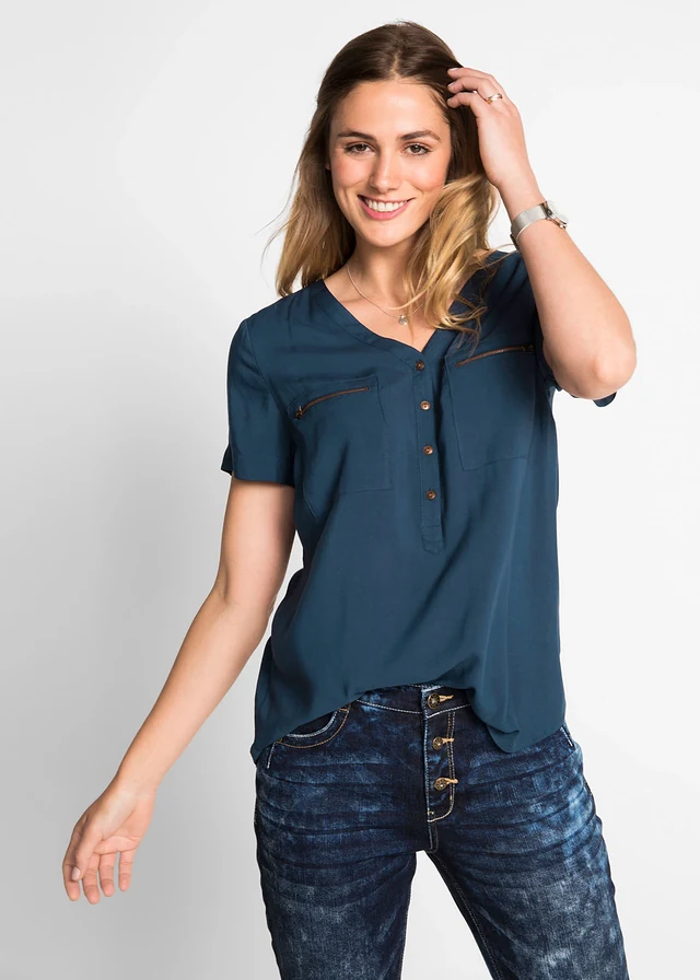 Viscose blouse, korte mouw, Kleur: donkerblauw