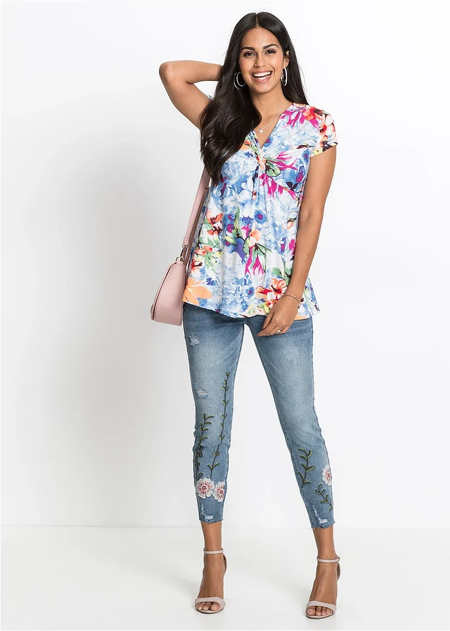 Shirt in een viscosemix, Kleur: blauw gebloemd