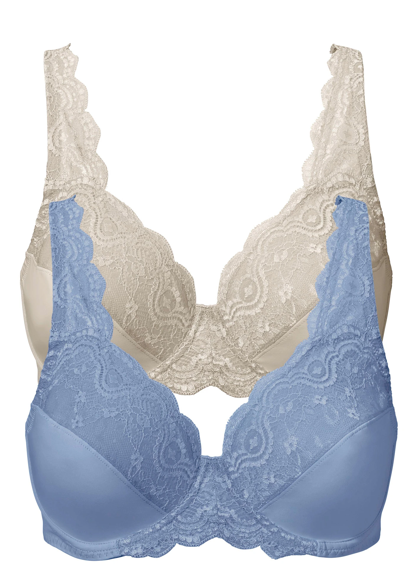 Podprsenka s kosticemi a jemnou krajkou (2 ks v balení) • matně modrá + pískově béžová • bonprix obchod