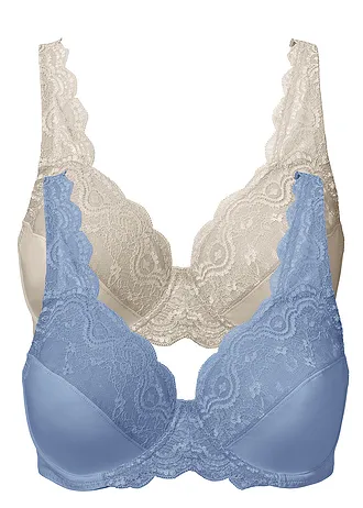Beugel bh met sierlijk kant (set van 2), Kleur: mat blauw+sandbeige