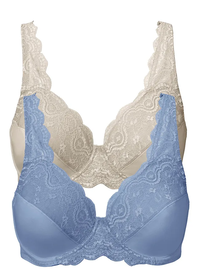 Podprsenka s kosticemi a jemnou krajkou (2 ks v balení) • matně modrá + pískově béžová • bonprix obchod